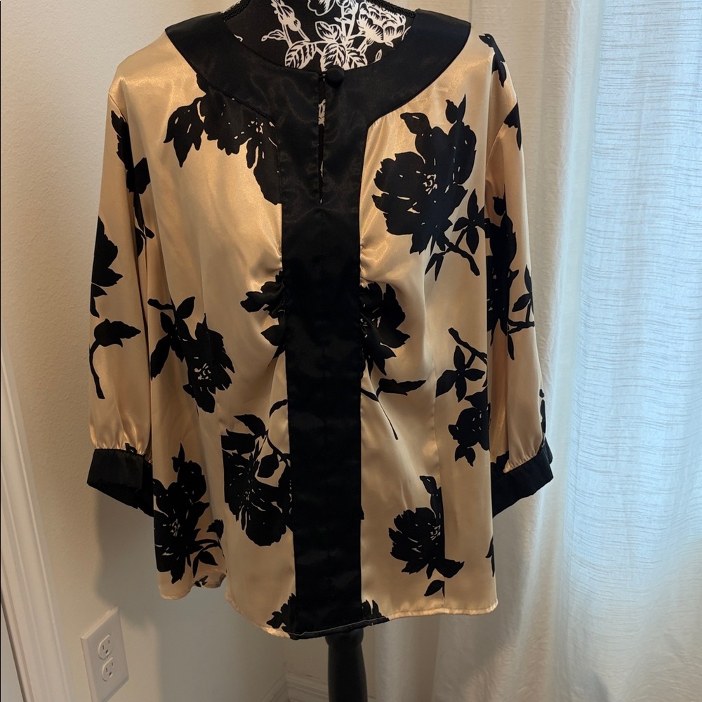 Michael Kors Gold Blouse with Black Floral Pattern